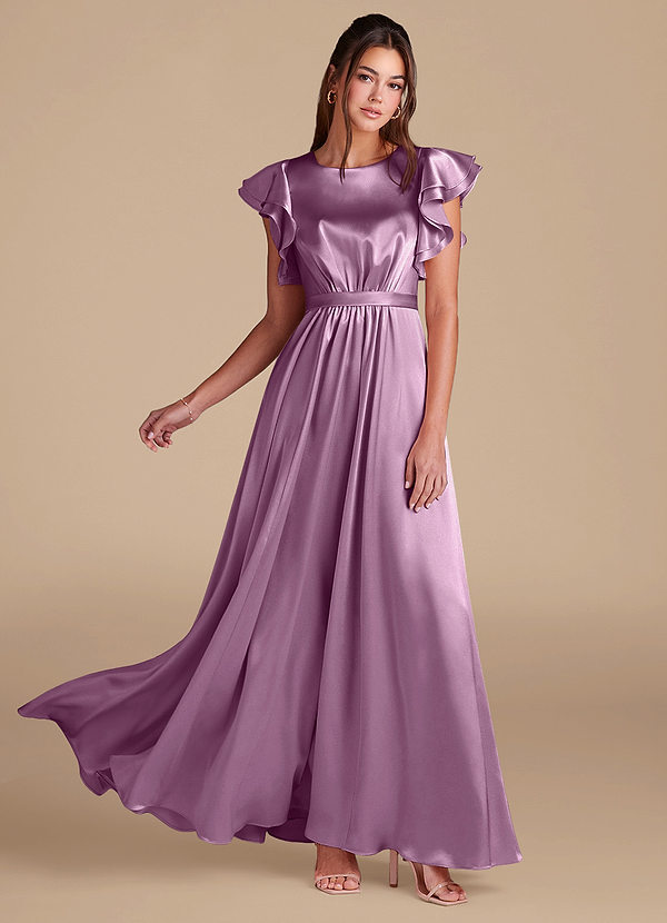 Azazie Daphne Modest Bridesmaid Dresses A-Line Ruched Metallic Satin Floor-Length Dress image1