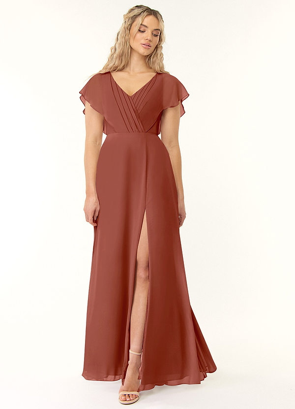 Azazie Rylee Robes Demoiselle d'honneur Robe Trapèze en Mousseline de soie Plissée Auburn image1