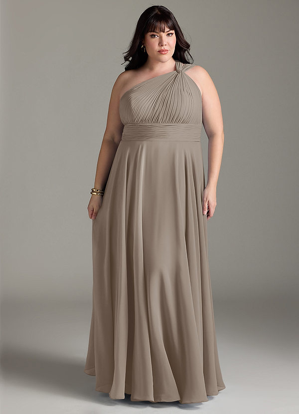Azazie Charlize Bridesmaid Dresses Taupe A-Line One Shoulder Chiffon Dress image1
