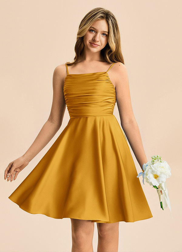 Azazie Miko Junior Vestido de Caramelo de Satén Elástico de Corte en A con Plisado image1