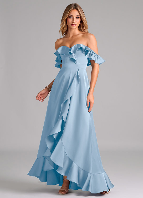 Azazie Lyra Brudtärneklänningar Klänning av A-Linje i Stretch Satin Off the shoulder Puderblå Konvertibel image1
