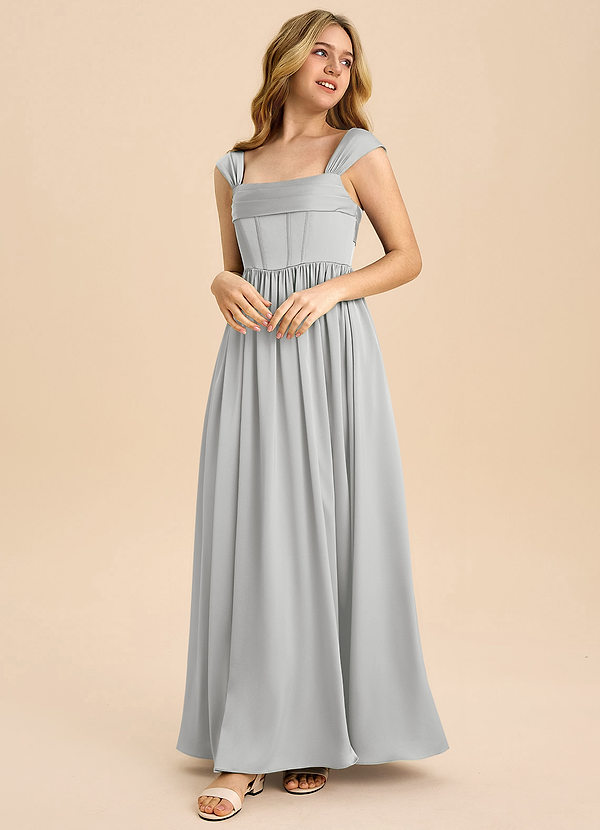 Azazie Hattie Junior A-Linie Plissee Stretch-Satin Kleid Silber image1