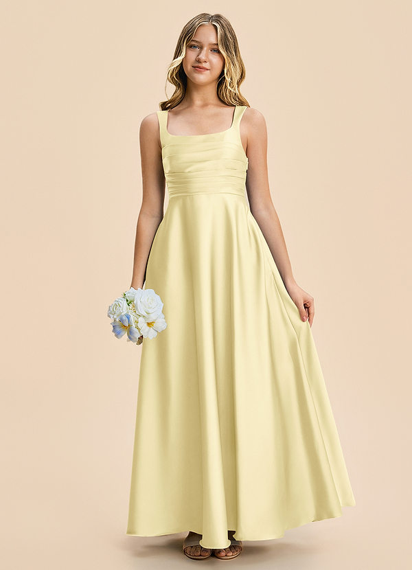 Azazie Azaria Junior Lemon Sorbet A-Line Pleated Stretch Satin Dress image1