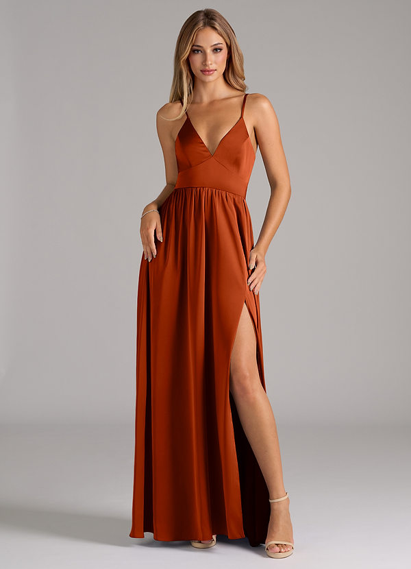 Azazie Aaida Bridesmaid Dresses Paprika A-Line Corset Stretch Satin Dress image1