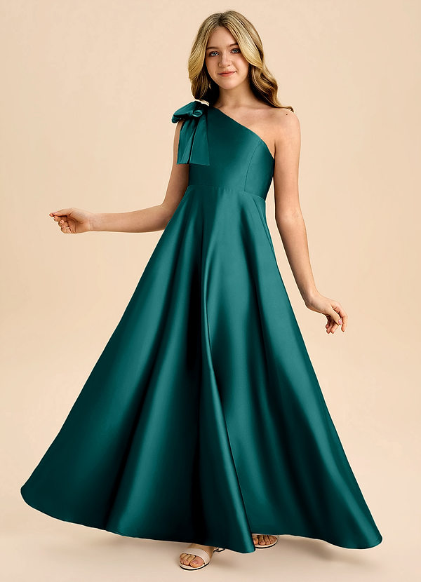 Azazie Penguin Junior Abito A-Line in Raso Elasticizzato Fiocco Verde Pavone image1