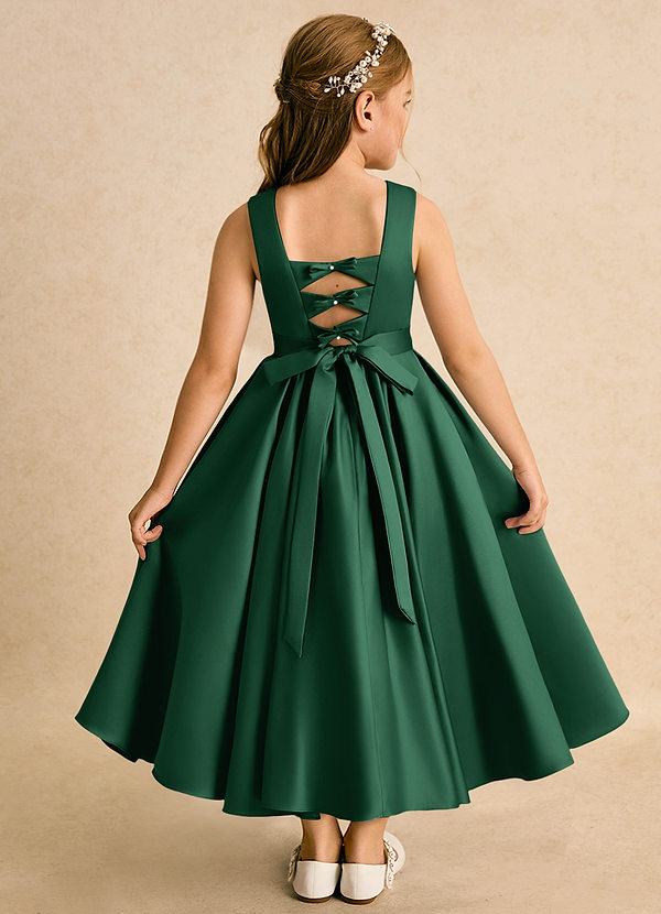 Azazie Junebuj Robes de Fillette d'Honneur Robe Princesse en Mat Satiné Plissée Vert Foncé image1