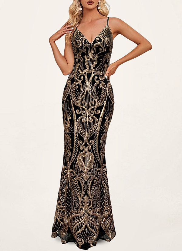 front Inspired Allure Black Sequin Maxi Dress