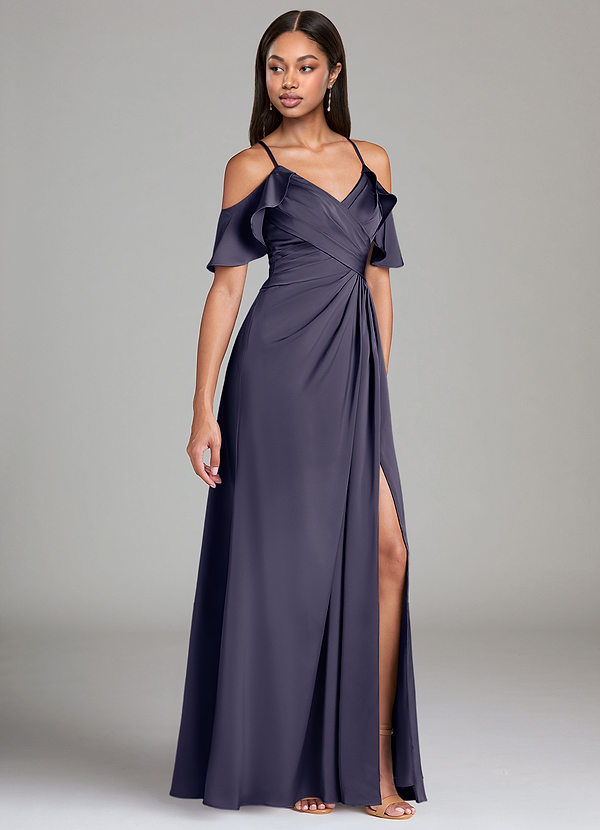 Azazie Dakota Bridesmaid Dresses Stormy A-Line Off the Shoulder Stretch Satin Dress image1