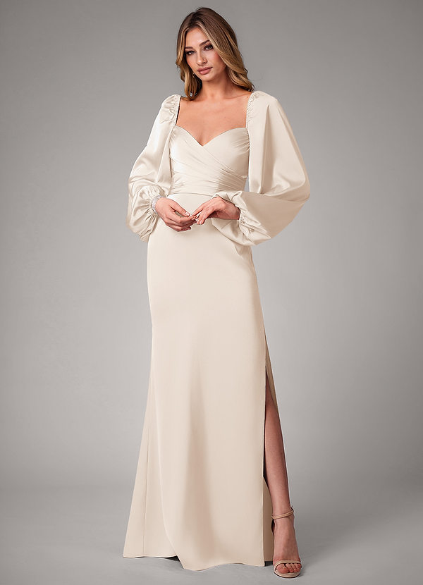 Azazie Sonata Bridesmaid Dresses White Alabaster Sheath Long Sleeve Stretch Satin Convertible Dress image1