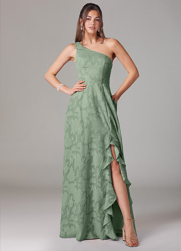 Azazie Ellianna Bridesmaid Dresses Matcha A-Line One Shoulder Floral Burnout Dress image1