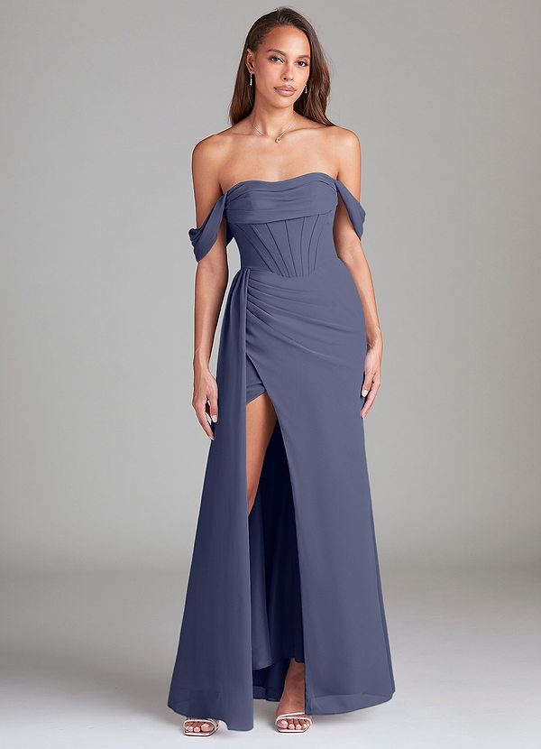 Azazie Amyra Bridesmaid Dresses Stormy Sheath Off the Shoulder Chiffon Convertible Dress image1