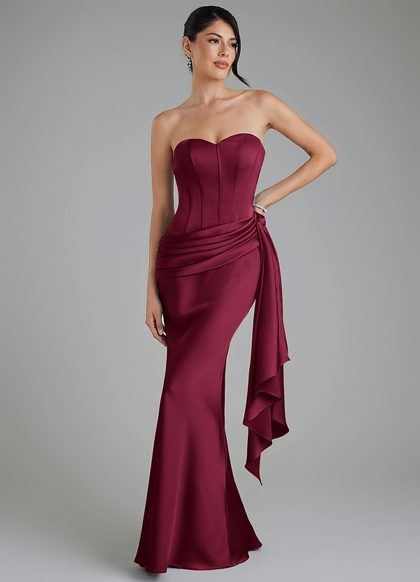 Azazie Draya Robes de demoiselle d'honneur Robe Sirène en Satin extensible Bustier Bourgogne image1