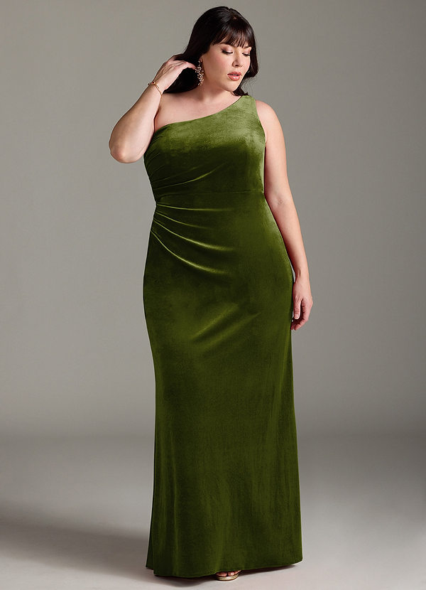 Azazie Argan Bridesmaid Dresses Olive Mermaid One Shoulder Pleated Velvet Dress image1