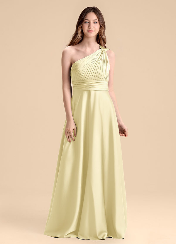 Azazie Charlize Junior Lemon Sorbet A-Line Pleated Stretch Satin Dress image1