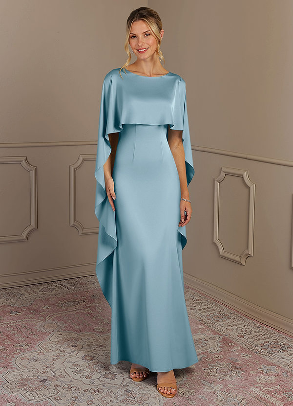 Azazie Eli Moody Blue Sheath Boatneck Stretch Satin Dress | Azazie