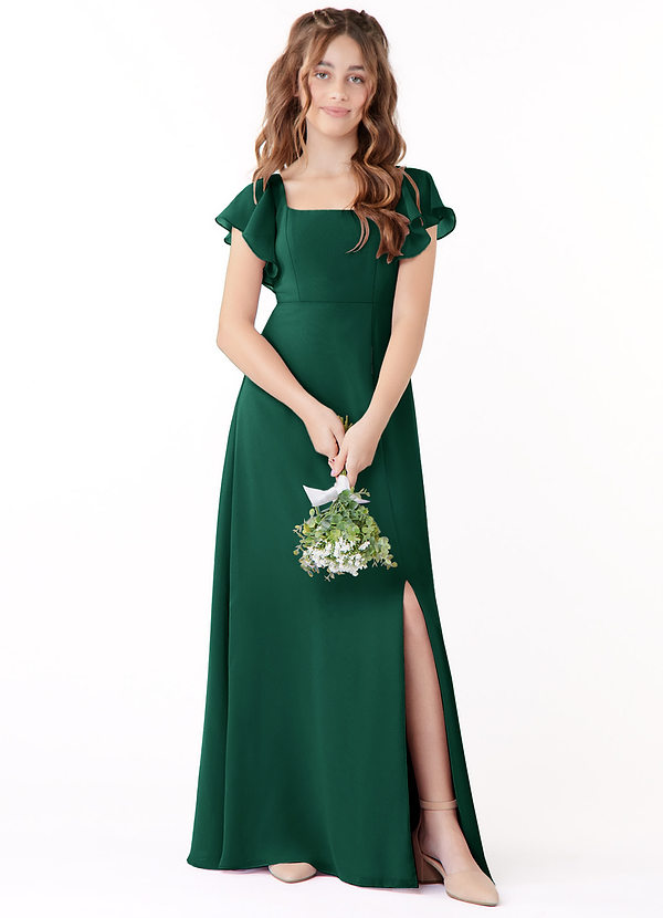 Azazie Bondi Junior Emerald A-Line Bow Chiffon Dress image1