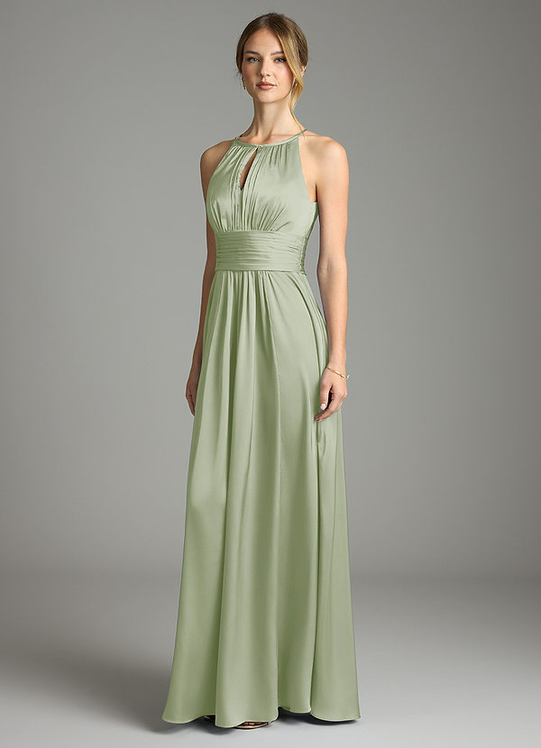 Azazie Bonnie Bridesmaid Dresses Dusty Sage A-Line Pleated Stretch Satin Dress image1