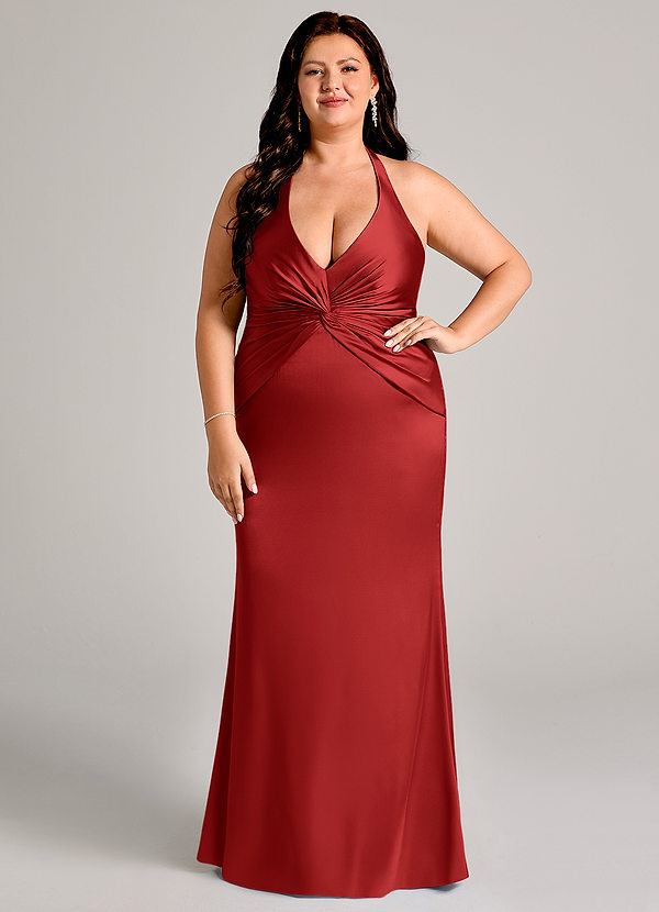 Azazie Valerie Bridesmaid Dresses Pomegranate Mermaid Pleated Stretch Satin Dress image1