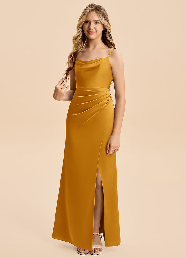 Azazie Christen Junior Butterscotch A-Line Pleated Stretch Satin Dress image1