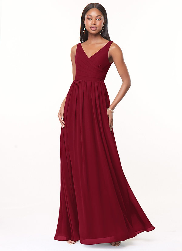 Azazie Keyla Bridesmaid Dresses Burgundy A-Line V-Neck Pleated Chiffon Dress image1