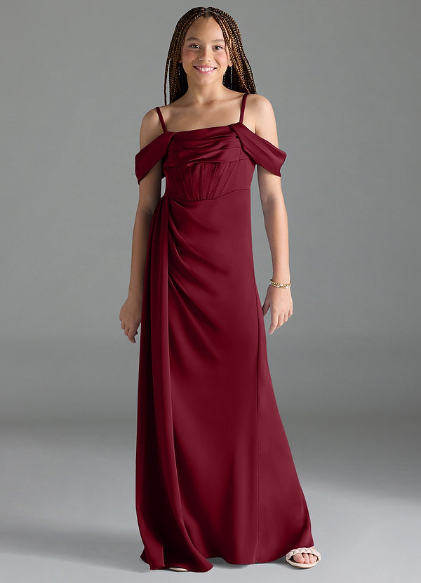 Azazie Amyra Junior Burgundy Sheath Off the Shoulder Stretch Satin Dress image1