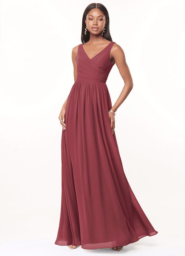 Azazie Keyla Vestido Invitada Boda Vestido de Merlot de Gasa de Corte en A con Cuello en V Plisado image1