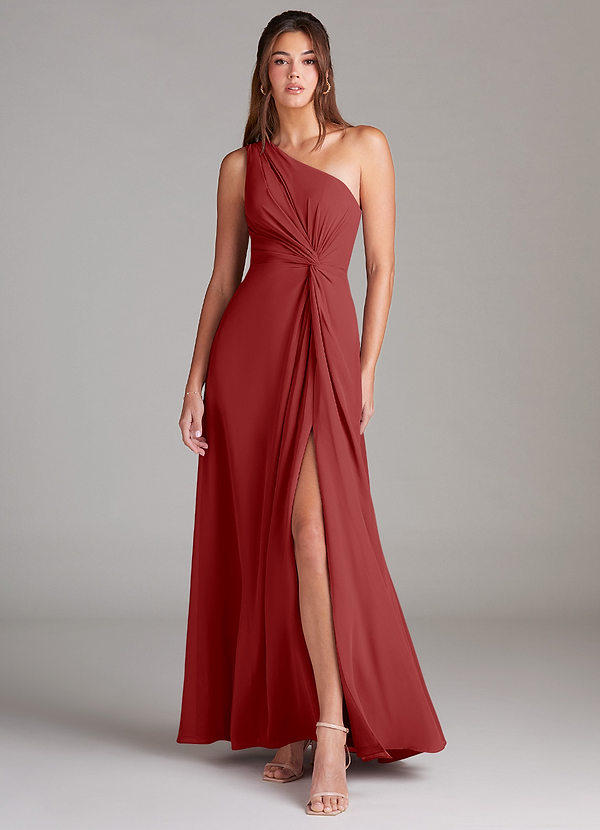Azazie Brooke Bridesmaid Dresses Rust A-Line One Shoulder Chiffon Dress image1