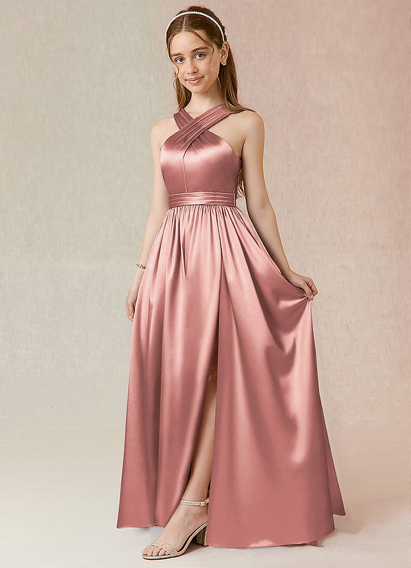 Azazie Jiya Junior Robe Trapèze en Satiné métallisé Plissée Rose Poussiéreuse image1