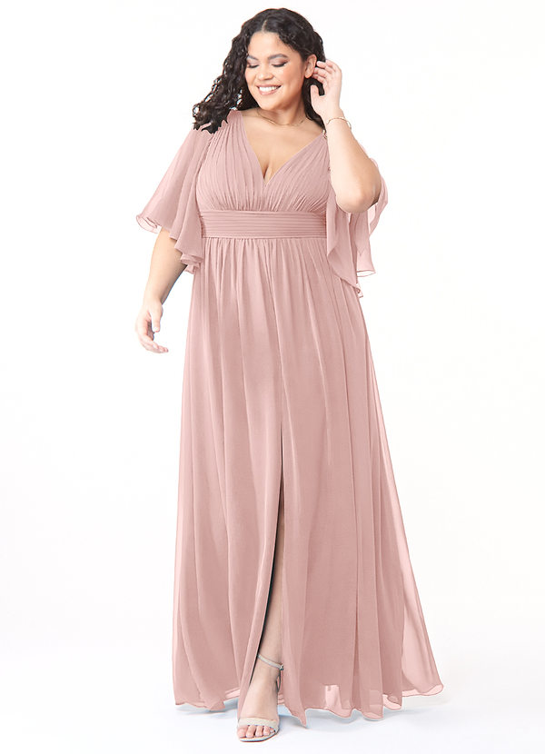 Azazie Temeka Robes de demoiselle d'honneur Robe Trapèze en Mousseline de soie Rayé Rose Poudré image1
