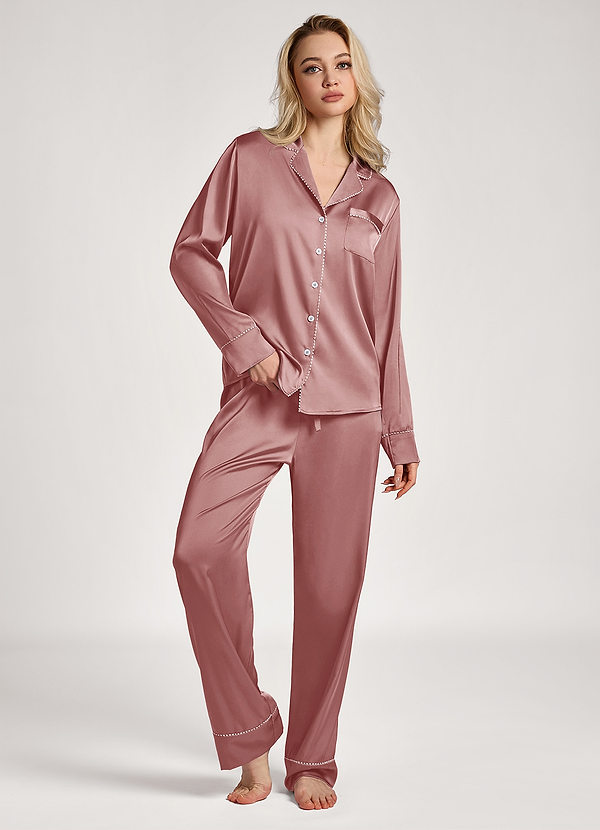 front Dusty Rose Satin Lurex Trim Long Sleeve Pajama Set
