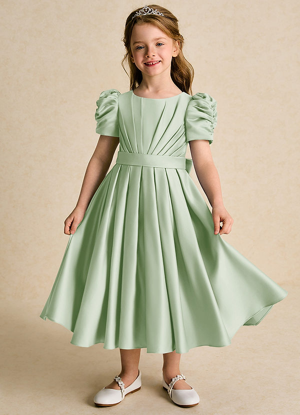 Azazie Miriam Abiti da Ragazza di Fiori Abito Principessa in Raso Opaco Plissettato Verde Salvia image1