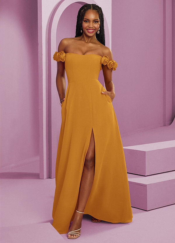 Barbie ♥ Azazie Suknie dla druhen Rozkloszowana szyfonowa sukienka z odkrytymi ramionami i kwiatowymi rozetkami image1