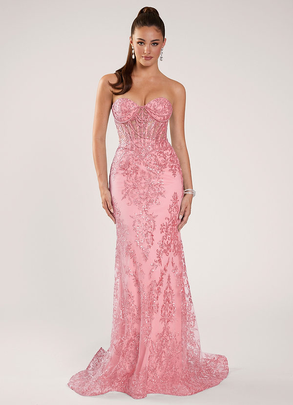 Zeoga Pink Sequins Beading Mesh Prom Dress image1