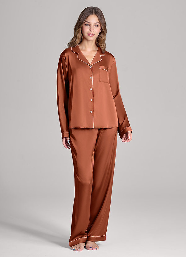 front Burnt Clay Long Sleeves and Pants Satin PJ Set