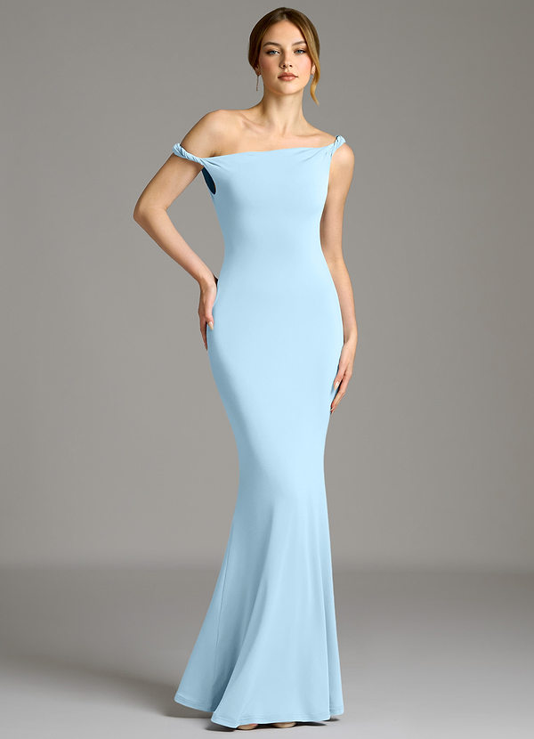 Azazie Shantal Bridesmaid Dresses Sky Blue Mermaid Off the Shoulder Premium Stretch Jersey Dress image1