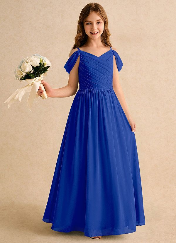 Azazie Chelo Girls Formal Robes de Fillette d'Honneur Robe Trapèze en Mousseline de soie Plissée Bleu Roi image1