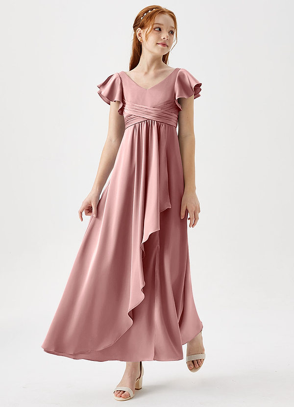 Azazie Omari Junior Dusty Rose A-Line Pleated Stretch Satin Dress image1
