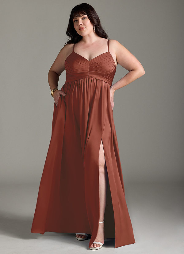 Azazie Alia Bridesmaid Dresses Auburn A-Line Pleated Stretch Satin Dress image1