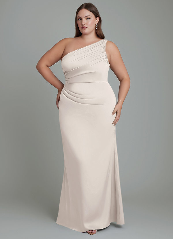 Azazie Akilah Bridesmaid Dresses White Alabaster Mermaid One Shoulder Stretch Satin Dress image1