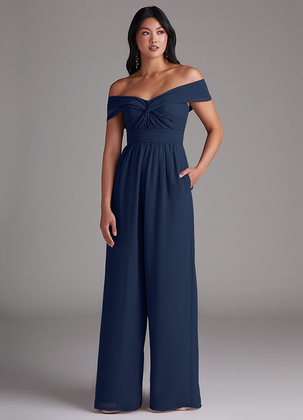 Azazie Lamara Bridesmaid Dresses Dark Navy Off the Shoulder Chiffon Convertible Jumpsuit image1