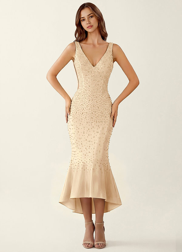 Delphine Champagne Stretch Satin V-neck Beading Corset Maxi Dress image1