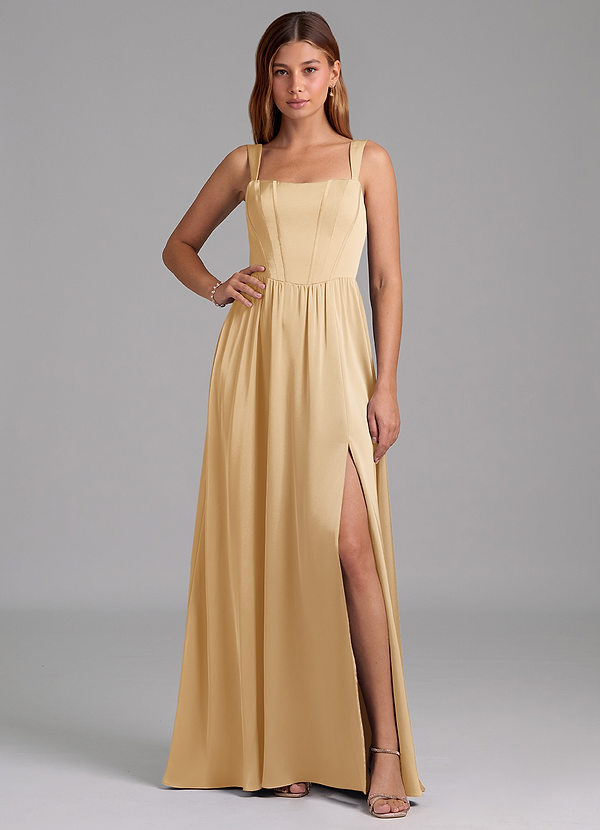 Azazie Rosaline 신부 들러리 드레스 A라인 사이드 슬릿 스트레치 새틴 바닥 길이 드레스 image1