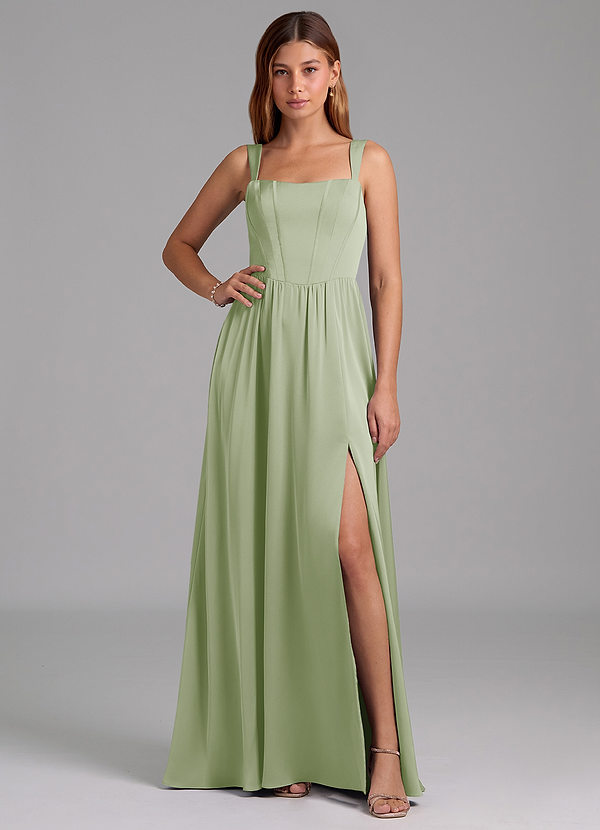 Azazie Rosaline Bridesmaid Dresses Dusty Sage A-Line Side Slit Stretch Satin Dress image1