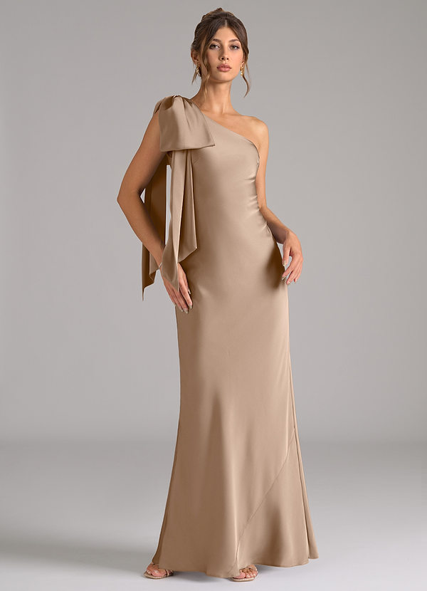 Azazie Capri Bridesmaid Dresses Taupe Mermaid One Shoulder Stretch Satin Dress image1