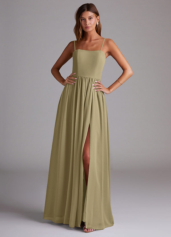 Azazie Calianna Brautjungfernkleider Wandelbar Eine Linie Schulterfrei Chiffon Kleid Moosgrün image1