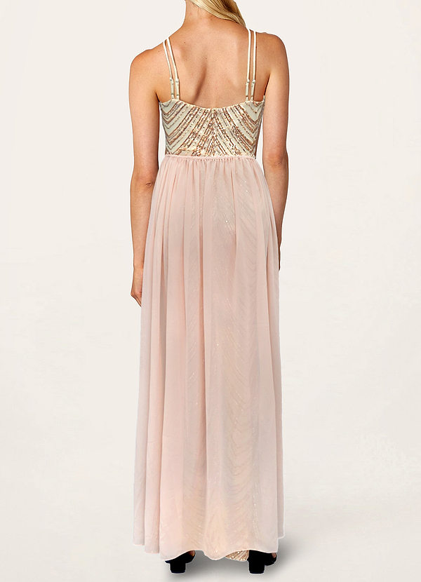back Simply Starstruck Champagne Sequin Halter Maxi Dress