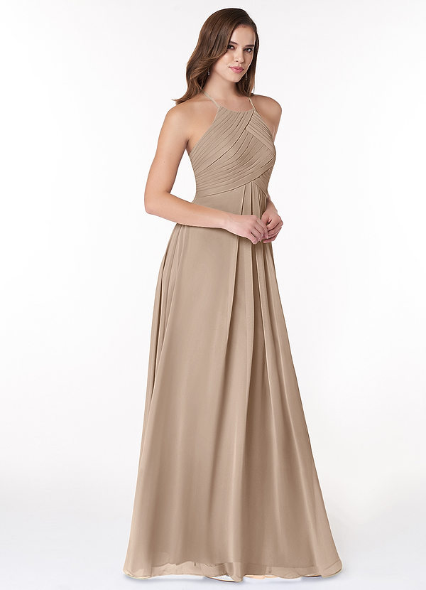 Azazie Ginger Bridesmaid Dresses Taupe A-Line Halter Pleated Chiffon Dress image1