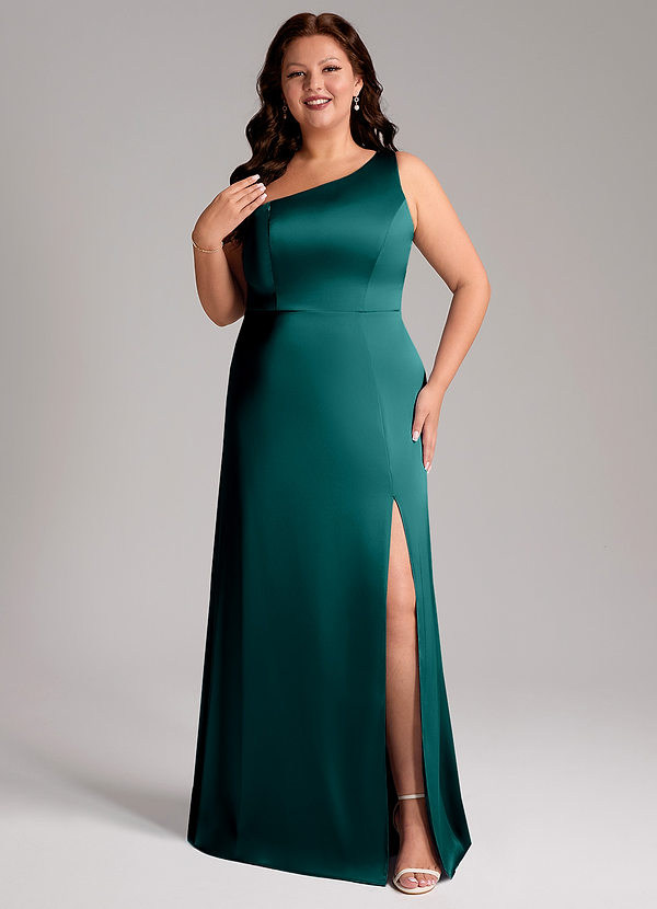 Azazie Phaedra Bridesmaid Dresses Peacock A-Line One Shoulder Stretch Satin Dress image1