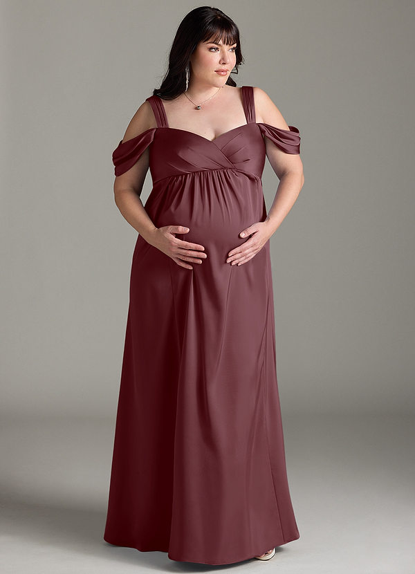 Azazie Rhea Abiti da damigella premaman Abito A-Line Plissettato a Spalla Scoperta Raso Elasticizzato Floor-Length image1