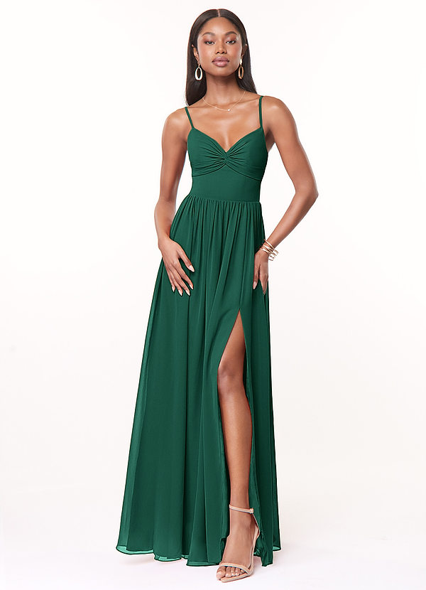 Azazie Zeya Bridesmaid Dresses Emerald A-Line V-Neck Pleated Chiffon Dress image1